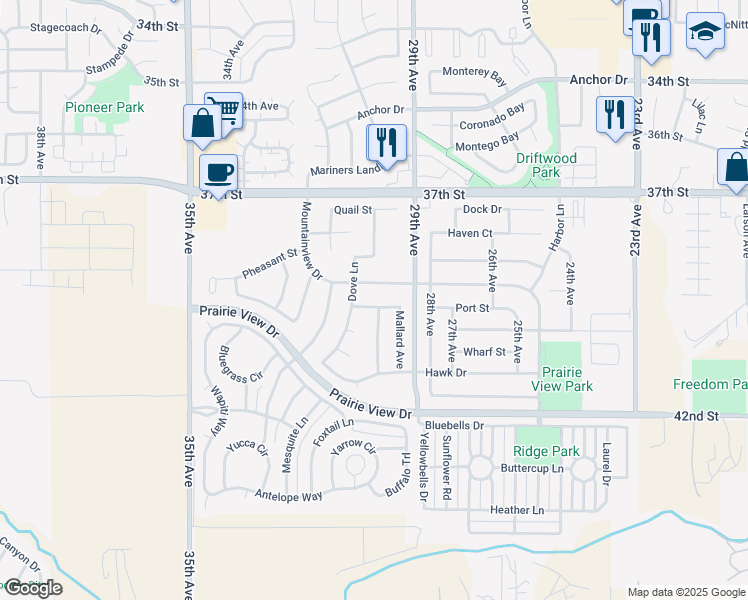 map of restaurants, bars, coffee shops, grocery stores, and more near 2927 Ptarmigan Drive in Evans