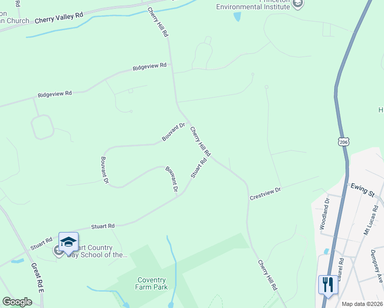 map of restaurants, bars, coffee shops, grocery stores, and more near 448 Cherry Hill Road in Princeton