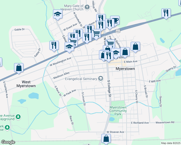 map of restaurants, bars, coffee shops, grocery stores, and more near 205 West Carpenter Avenue in Myerstown