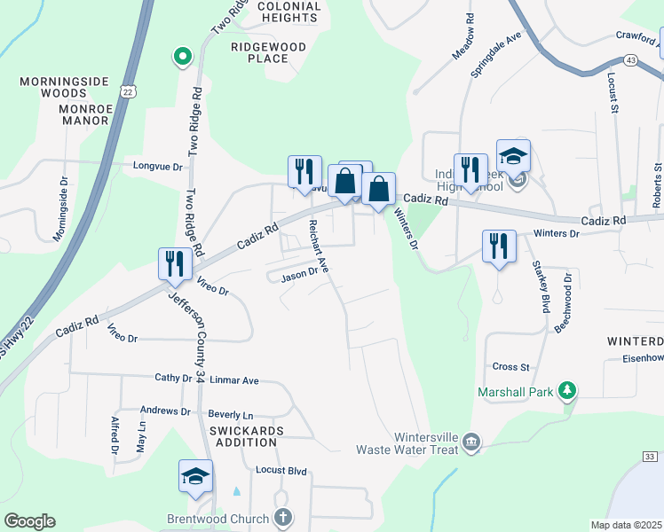 map of restaurants, bars, coffee shops, grocery stores, and more near 128 Reichart Avenue in Steubenville