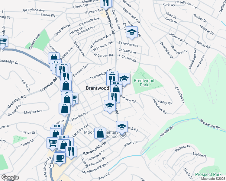 map of restaurants, bars, coffee shops, grocery stores, and more near 3528 Brownsville Road in Pittsburgh