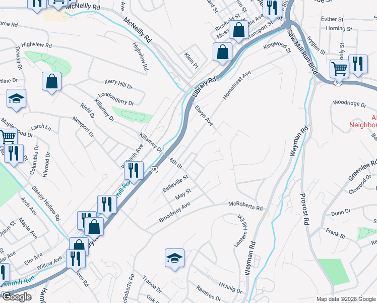 map of restaurants, bars, coffee shops, grocery stores, and more near 3001 Home Avenue in Pittsburgh
