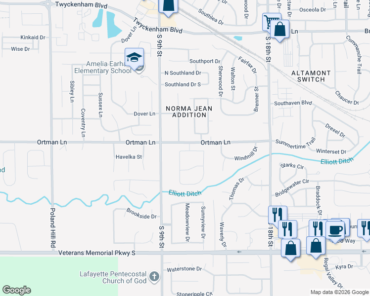map of restaurants, bars, coffee shops, grocery stores, and more near 3501 Canterbury Drive in Lafayette