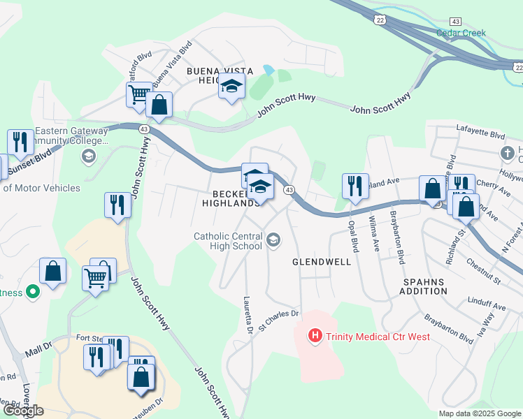 map of restaurants, bars, coffee shops, grocery stores, and more near 298 Rosemont Avenue in Steubenville