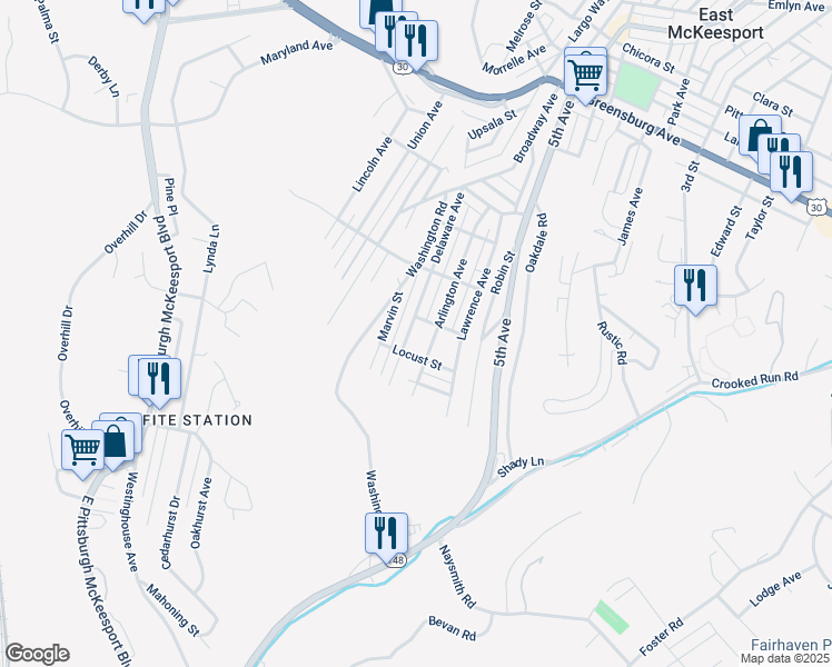 map of restaurants, bars, coffee shops, grocery stores, and more near 411 Delaware Ave in North Versailles