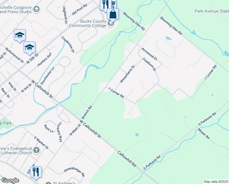 map of restaurants, bars, coffee shops, grocery stores, and more near 7 Corner Road in Perkasie