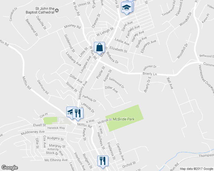 map of restaurants, bars, coffee shops, grocery stores, and more near 411 Diller Avenue in West Mifflin