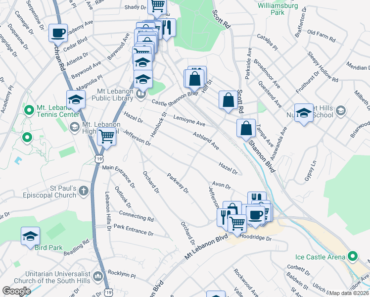 map of restaurants, bars, coffee shops, grocery stores, and more near 264 Hazel Dr in Pittsburgh