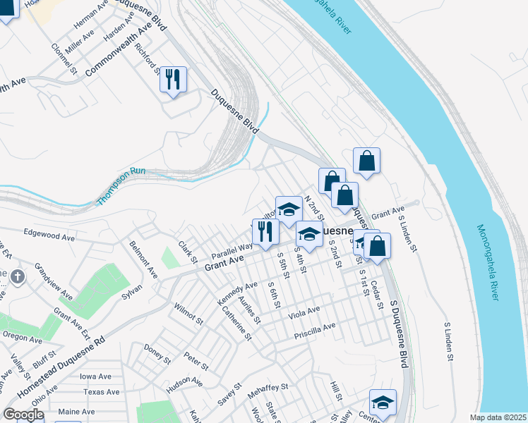 map of restaurants, bars, coffee shops, grocery stores, and more near 107 Strawberry Alley in Duquesne