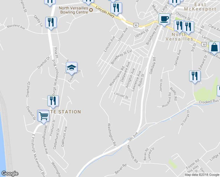 map of restaurants, bars, coffee shops, grocery stores, and more near 415 Washington Rd in North Versailles