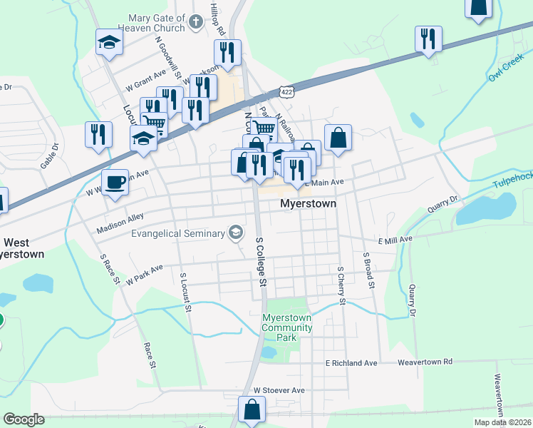 map of restaurants, bars, coffee shops, grocery stores, and more near 26 West Carpenter Avenue in Myerstown