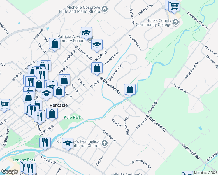 map of restaurants, bars, coffee shops, grocery stores, and more near 114 West Callowhill Street in Perkasie