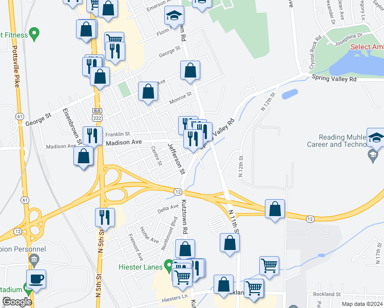 map of restaurants, bars, coffee shops, grocery stores, and more near 2550 Kutztown Road in Reading