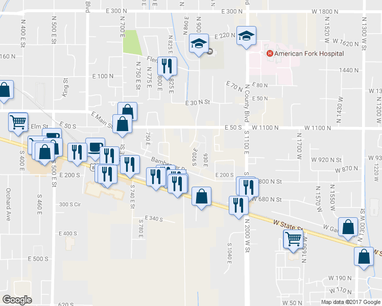 map of restaurants, bars, coffee shops, grocery stores, and more near 116 South 920 East in American Fork