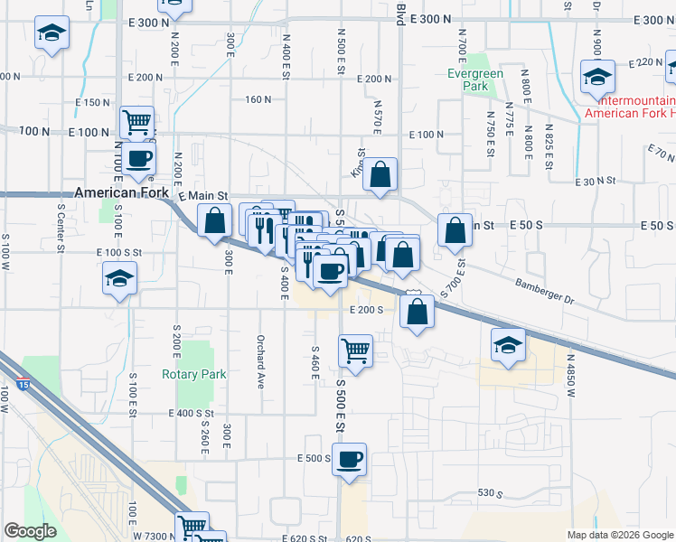map of restaurants, bars, coffee shops, grocery stores, and more near 495 East State Street in American Fork