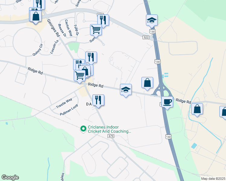 map of restaurants, bars, coffee shops, grocery stores, and more near 371 Ridge Road in South Brunswick Township