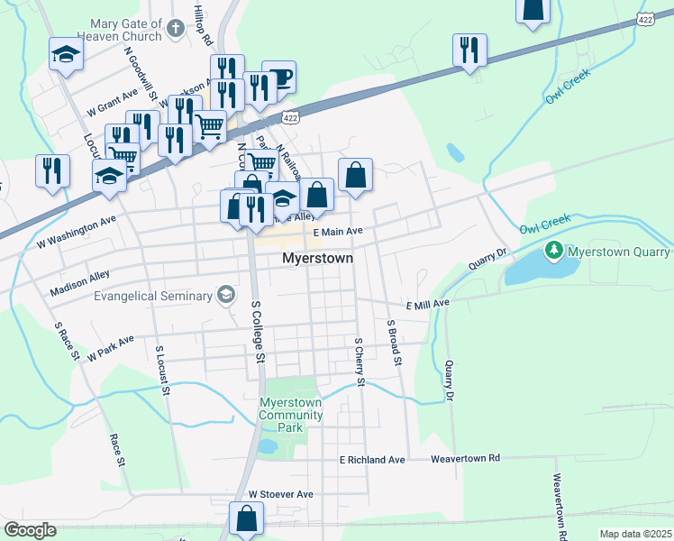 map of restaurants, bars, coffee shops, grocery stores, and more near in Myerstown
