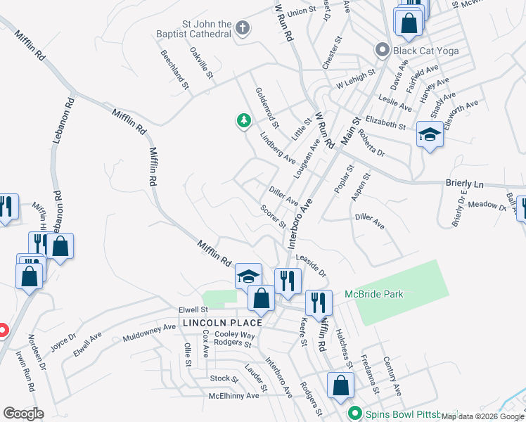 map of restaurants, bars, coffee shops, grocery stores, and more near 5004 Lougean Avenue in Pittsburgh