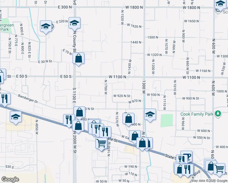 map of restaurants, bars, coffee shops, grocery stores, and more near 986 North 1600 West Street in Pleasant Grove