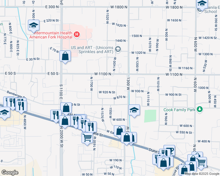 map of restaurants, bars, coffee shops, grocery stores, and more near 1491 West 1010 North Street in Pleasant Grove