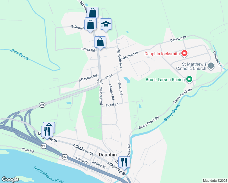 map of restaurants, bars, coffee shops, grocery stores, and more near 713 Charles Road in Dauphin