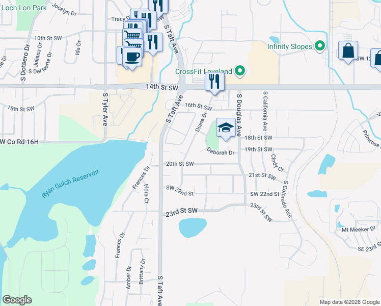 map of restaurants, bars, coffee shops, grocery stores, and more near 1028 Fuschia Court in Loveland