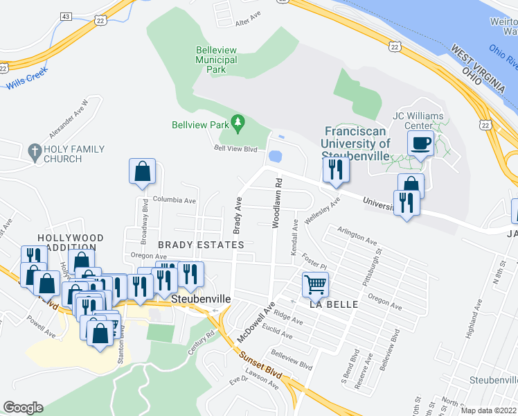 map of restaurants, bars, coffee shops, grocery stores, and more near 1644 Roosevelt Ave in Steubenville