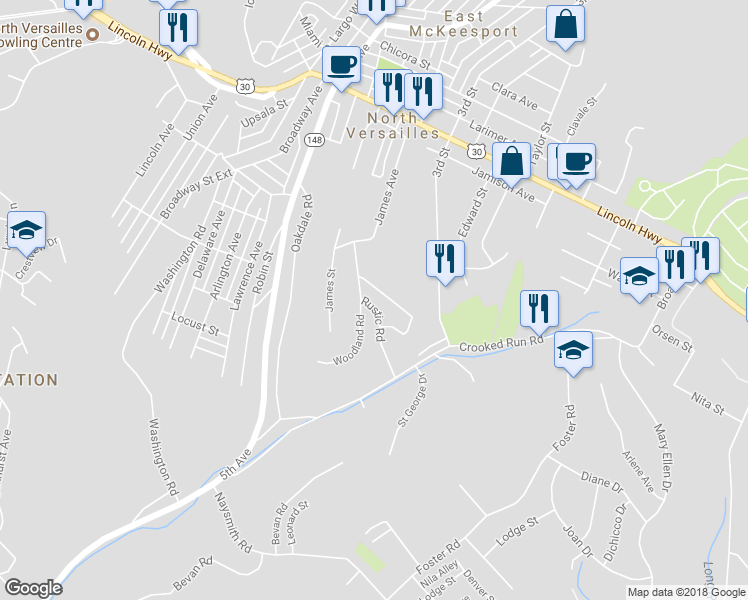 map of restaurants, bars, coffee shops, grocery stores, and more near 407 Rustic Road in North Versailles