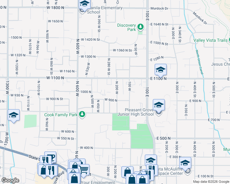 map of restaurants, bars, coffee shops, grocery stores, and more near 975 North 200 West in Pleasant Grove