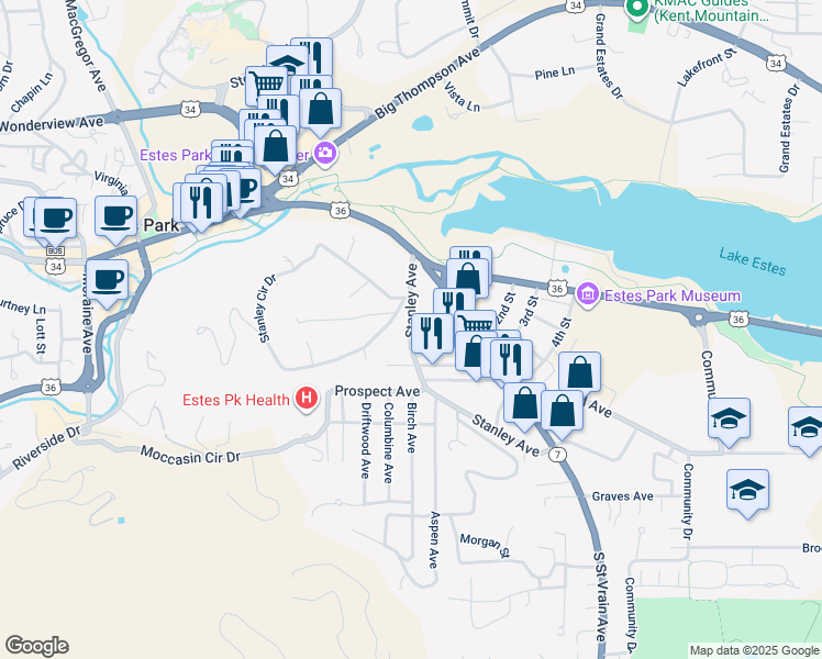 map of restaurants, bars, coffee shops, grocery stores, and more near 179 Stanley Circle Drive in Estes Park