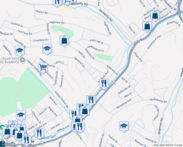 map of restaurants, bars, coffee shops, grocery stores, and more near 920 Newport Drive in Pittsburgh
