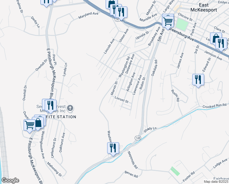 map of restaurants, bars, coffee shops, grocery stores, and more near 415 Washington Road in North Versailles