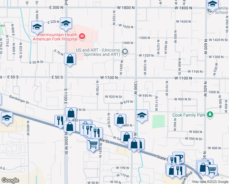 map of restaurants, bars, coffee shops, grocery stores, and more near 1515 West 1010 North Street in Pleasant Grove