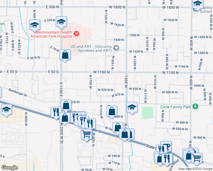 map of restaurants, bars, coffee shops, grocery stores, and more near 1515 West 1010 North Street in Pleasant Grove