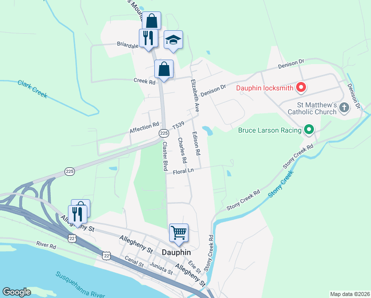 map of restaurants, bars, coffee shops, grocery stores, and more near 713 Charles Road in Dauphin