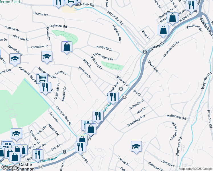 map of restaurants, bars, coffee shops, grocery stores, and more near 3150 Maplene Avenue in Pittsburgh
