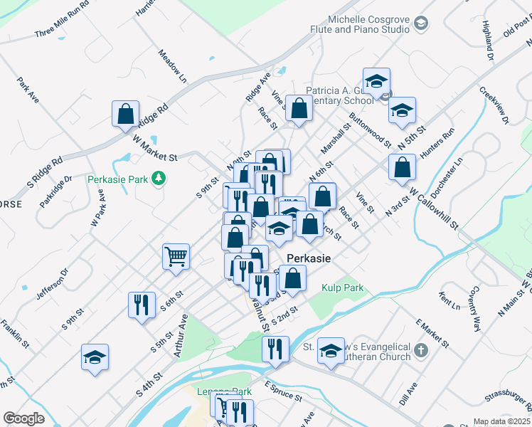 map of restaurants, bars, coffee shops, grocery stores, and more near 538 West Market Street in Perkasie