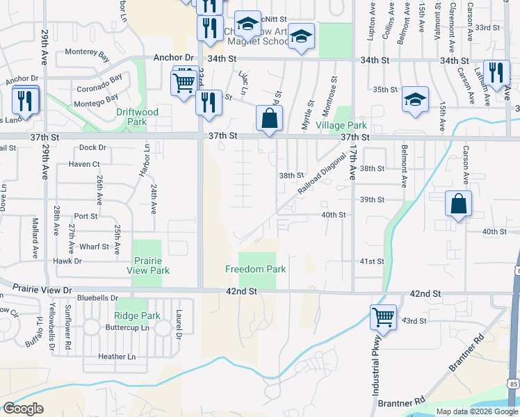 map of restaurants, bars, coffee shops, grocery stores, and more near 3921 Larson Avenue in Evans