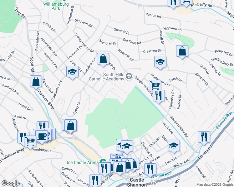 map of restaurants, bars, coffee shops, grocery stores, and more near 535 Westover Road in Pittsburgh