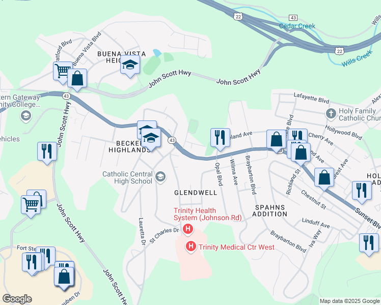 map of restaurants, bars, coffee shops, grocery stores, and more near 2939 Sunset Boulevard in Steubenville