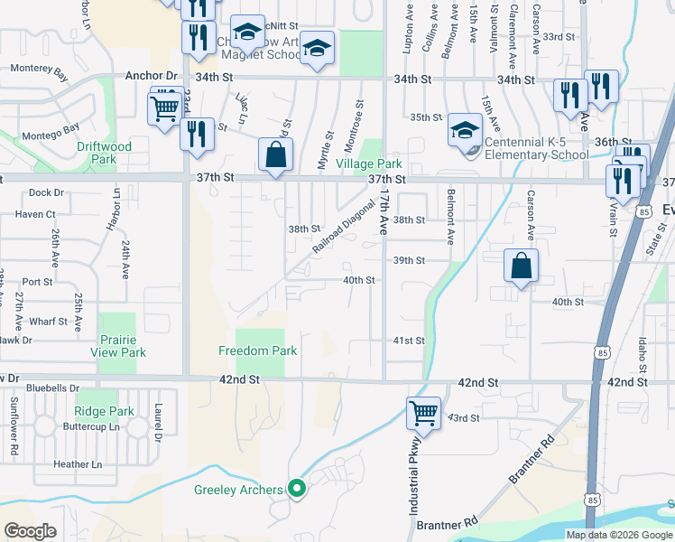 map of restaurants, bars, coffee shops, grocery stores, and more near 1749 Rowan Lane in Evans
