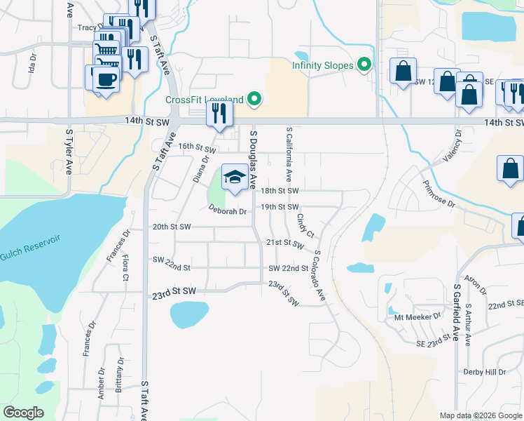 map of restaurants, bars, coffee shops, grocery stores, and more near 894 19th Street Southwest in Loveland