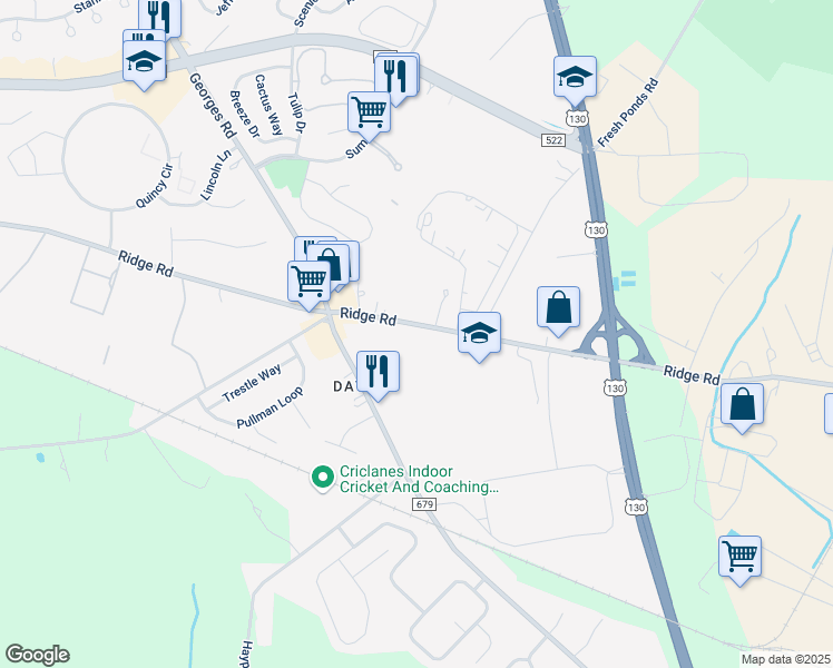 map of restaurants, bars, coffee shops, grocery stores, and more near 373 Ridge Road in South Brunswick Township