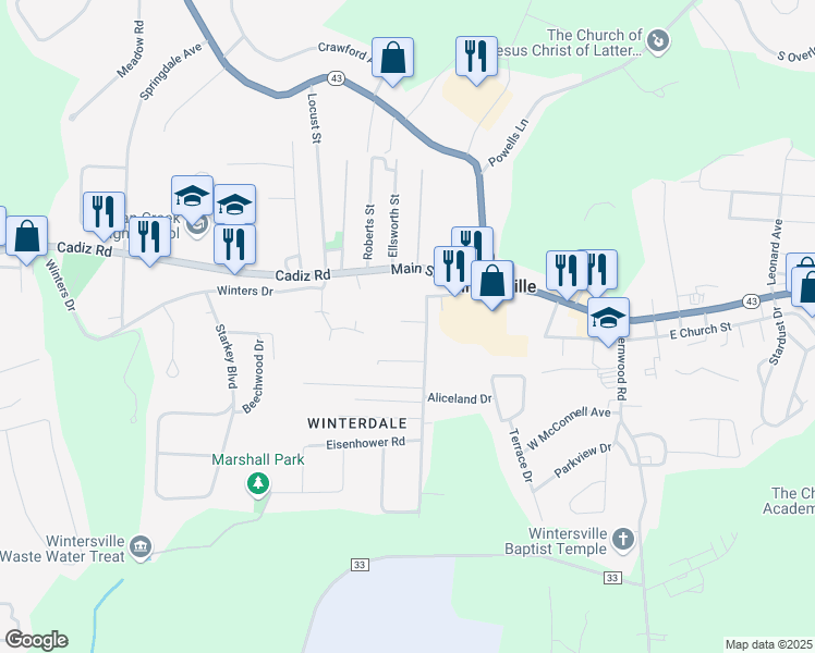 map of restaurants, bars, coffee shops, grocery stores, and more near 213 Woodridge Drive in Steubenville