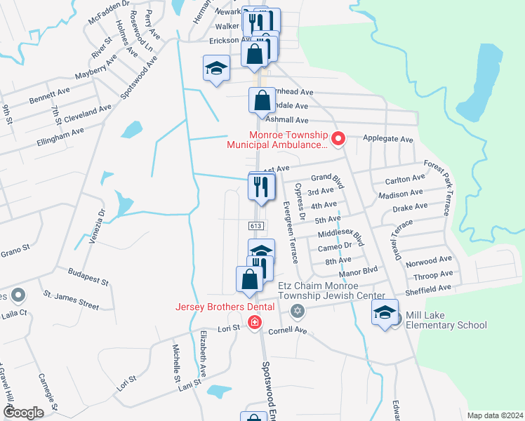map of restaurants, bars, coffee shops, grocery stores, and more near 365 Spotswood Englishtown Road in Monroe Township