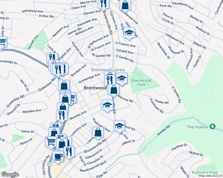 map of restaurants, bars, coffee shops, grocery stores, and more near 3528 Brownsville Road in Pittsburgh