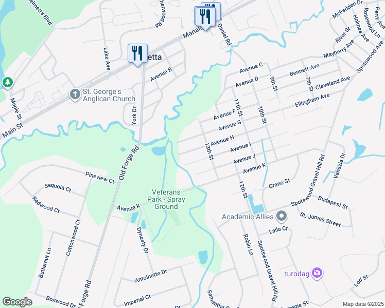 map of restaurants, bars, coffee shops, grocery stores, and more near 55 Avenue H in Monroe Township