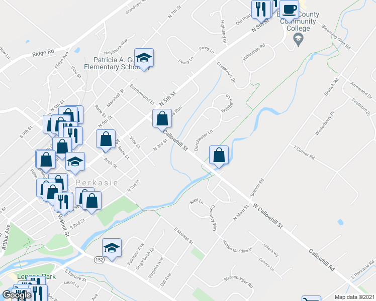 map of restaurants, bars, coffee shops, grocery stores, and more near 385 W Callowhill St in Perkasie