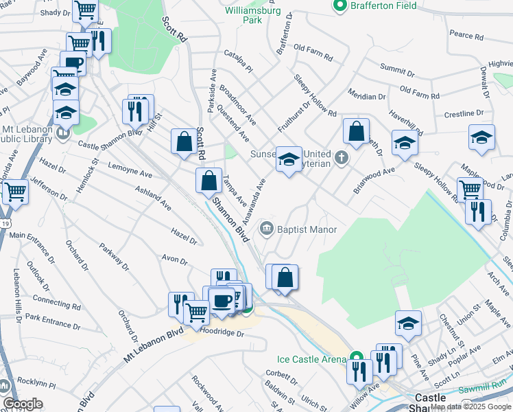 map of restaurants, bars, coffee shops, grocery stores, and more near 489 Castle Shannon Boulevard in Pittsburgh