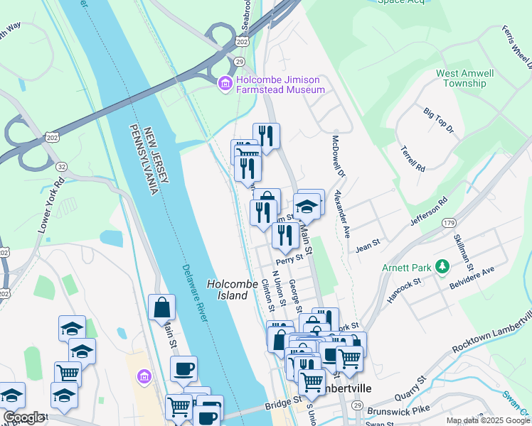 map of restaurants, bars, coffee shops, grocery stores, and more near 204 North Union Street in Lambertville
